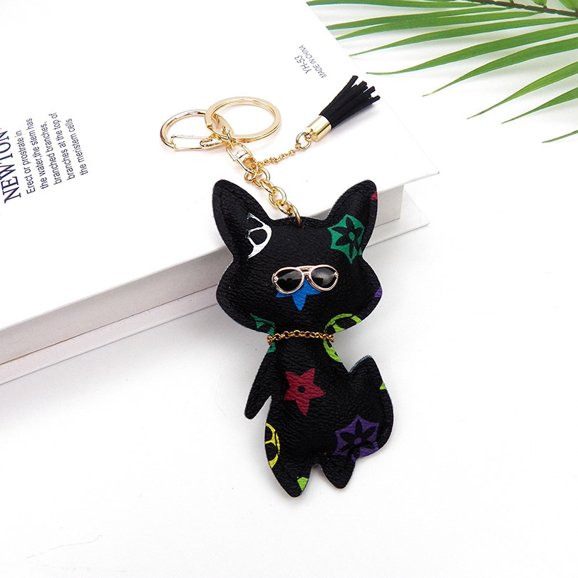 Free Shipping 2026 Fox Shaped Leather Keychain, Monogram Bag Charm with Glasses & Pom Pom, Cute Animal Keyring Accessory - view 4