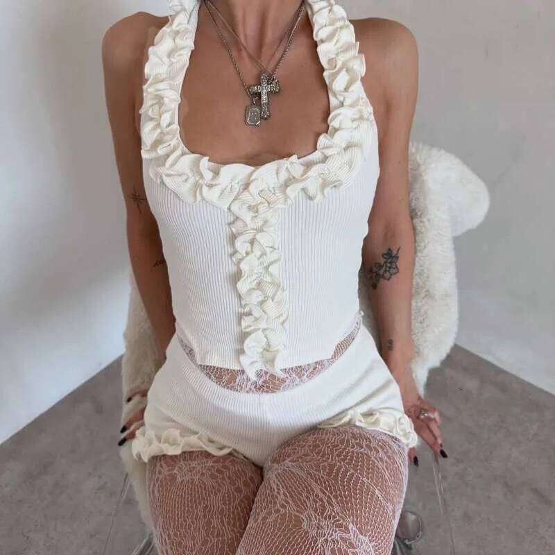 Sexy Ruffled Women's White Backless Halter Vest Top High Waist Female Beach Casual Slim Short Set
