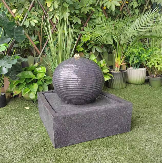 Modern Backyard Stone Solar Ball Square Base Fountain Outdoor Garden Decoration