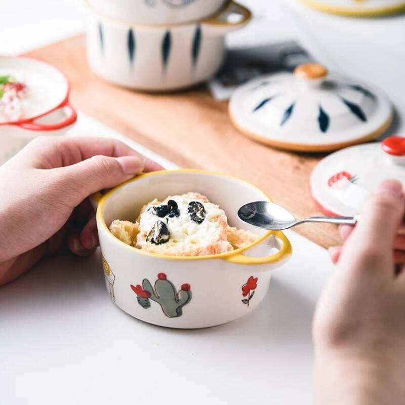 Ceramic Cartoon Double Ear with Lid Kid Supplement Ramen Bowl Salad Food Containers Microwave Oven Tableware