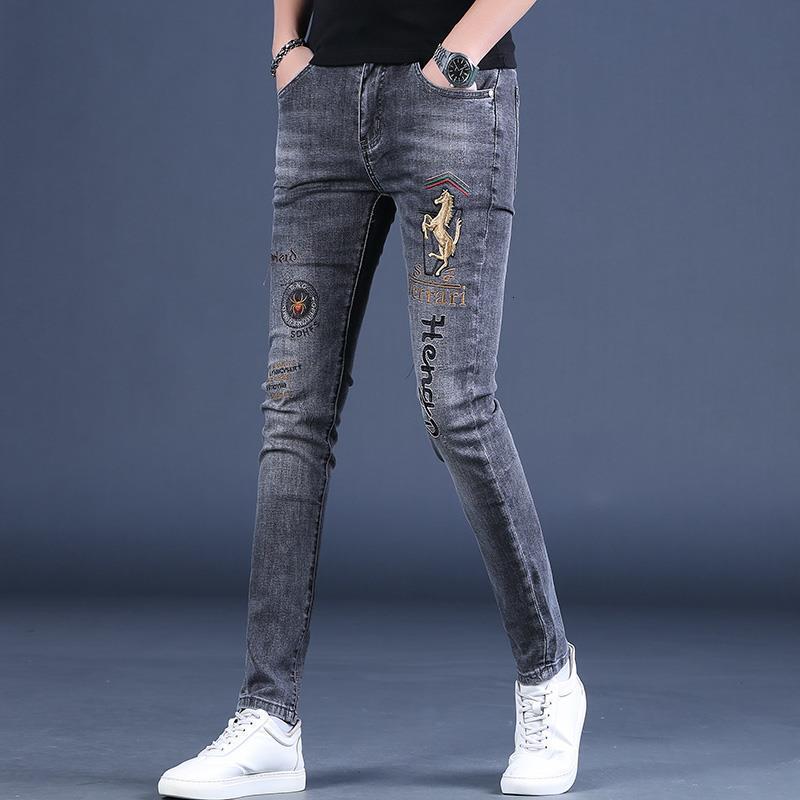 Luxury Brand Designer Clothes European Style Little Horse Embroidered Jeans For Men, Spring And Autumn Trendy Slim Fit Skinny Jeans For Men