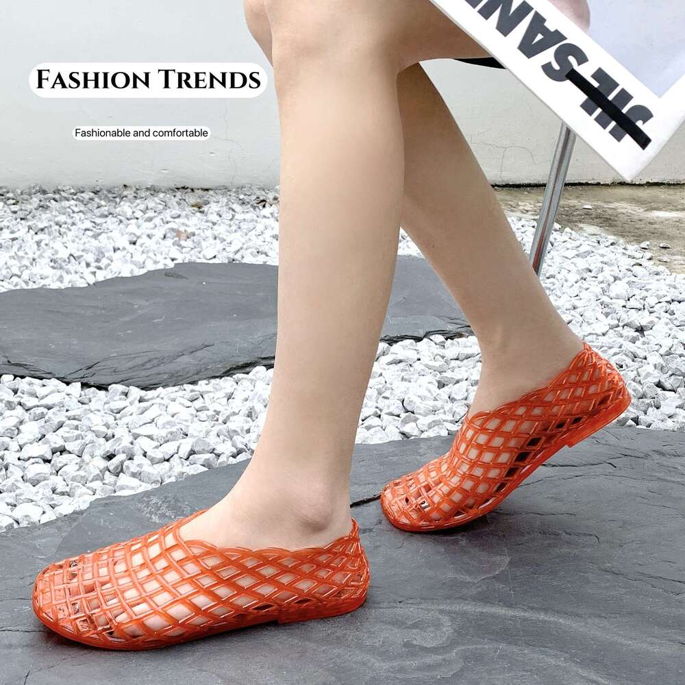 New Style Mesh Free Shipping Crystal Jelly Sandals Hollow 2025 Beach Flat Comfortable Slip-On Women's Closed-Toe Shoes