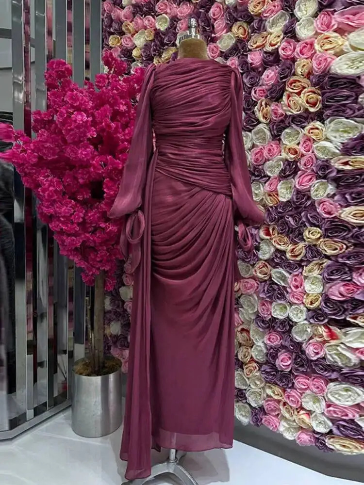 LGRQ 2026 Spring And Autumn Round Neck Pleated Fold Floor Length Party Dress Lantern Sleeves High Waist Vestido 260114