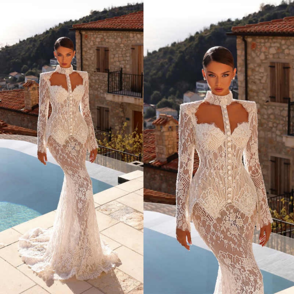 Beach Mermaid Wedding Dresses For Women High Sheer O Neck Lace Appliques Long Sleeve Bridal Gowns Vestido Customized