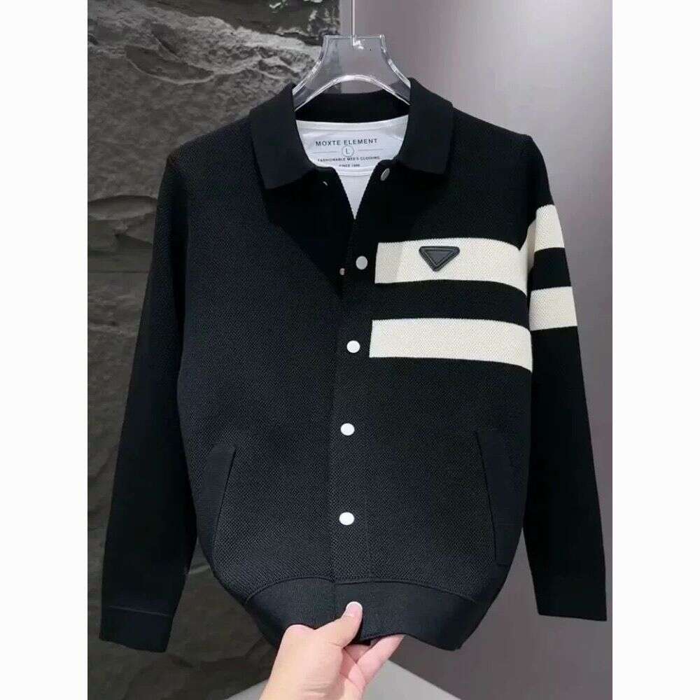Autumn New Men's Fashion High Elastic Knitted Jacket Turn-Down Collar Simple Sweater Trendy Black And White Striped Top