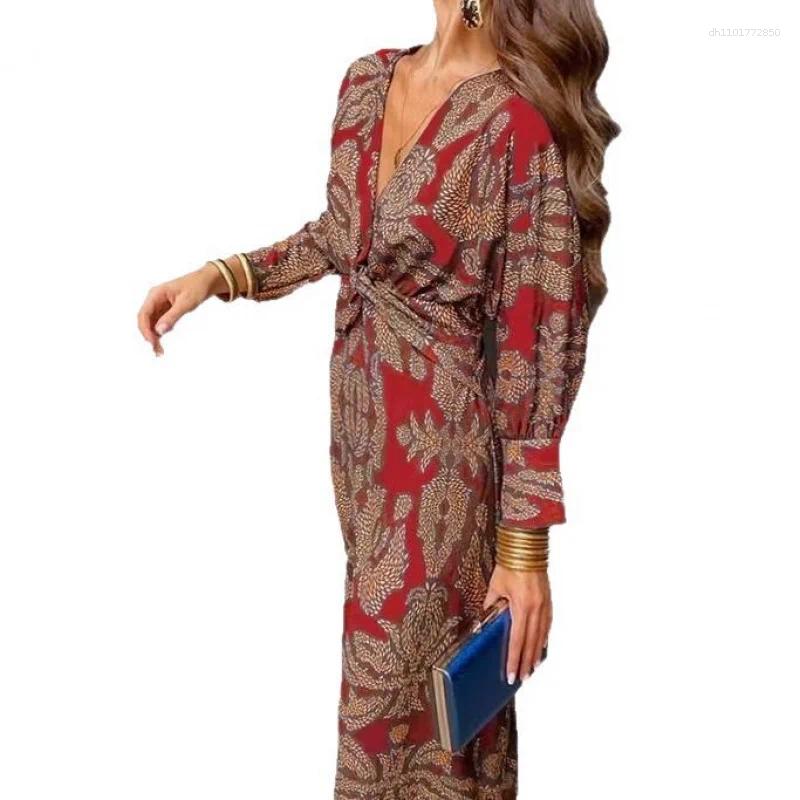 Casual Dresses Women's Floral Print V-Neck Midi Dress - Long Sleeve Shirt Style Everyday Wear With Elegant Fit
