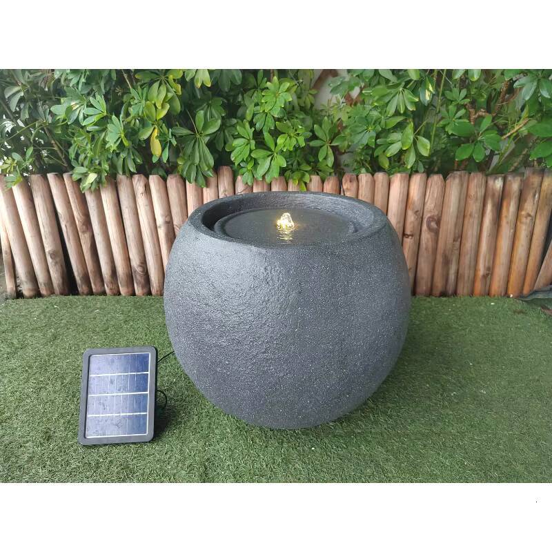 Ball Shape Design Black Solar Fountain With Light Emitting Diode Lamp For Outdoor Fiber Stone Garden Decoration