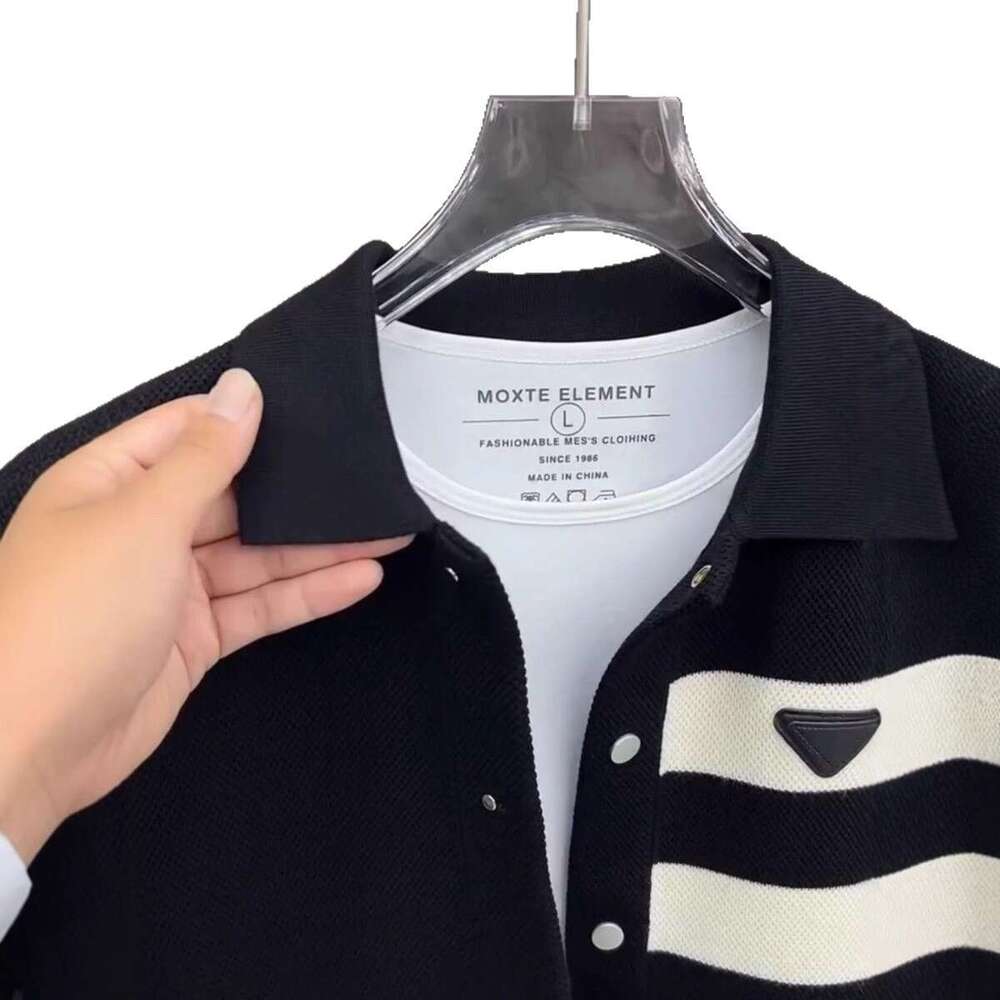Autumn New Men's Fashion High Elastic Knitted Jacket Turn-Down Collar Simple Sweater Trendy Black And White Striped Top