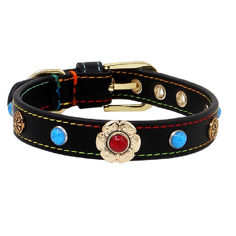 Genuine Leather Pet Collar with Flower Buckle & Loose Stone Rivets for Cats and Dogs - Top Layer Cowhide