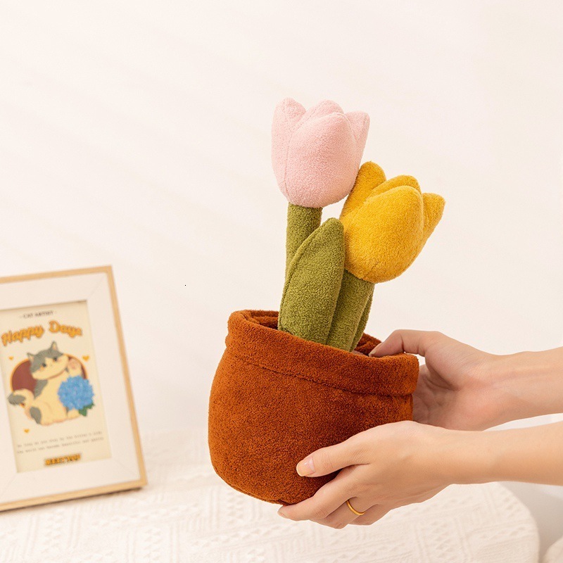 Potted green plant doll tulip plush toy peach blossom potted figurine rose flower desktop ornament doll gift 250729