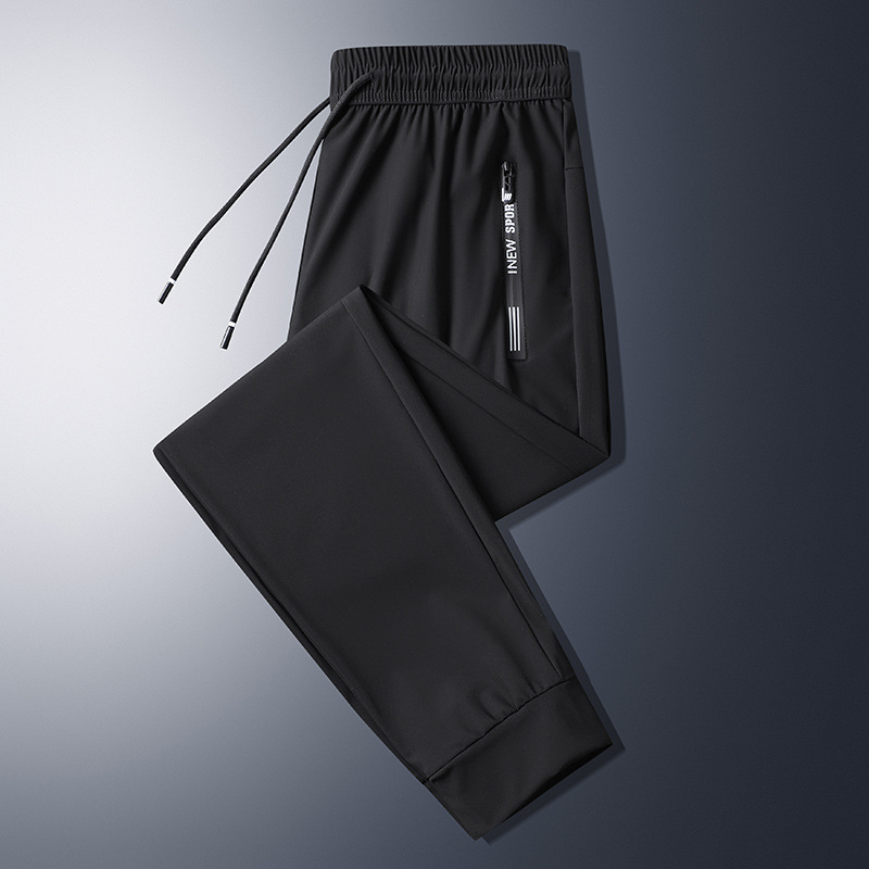 Men's Summer Lightweight Ice Silk Pants, Quick-Drying with Zipper Pockets, Versatile Loose-Fitting Casual Tapered Sports Trousers