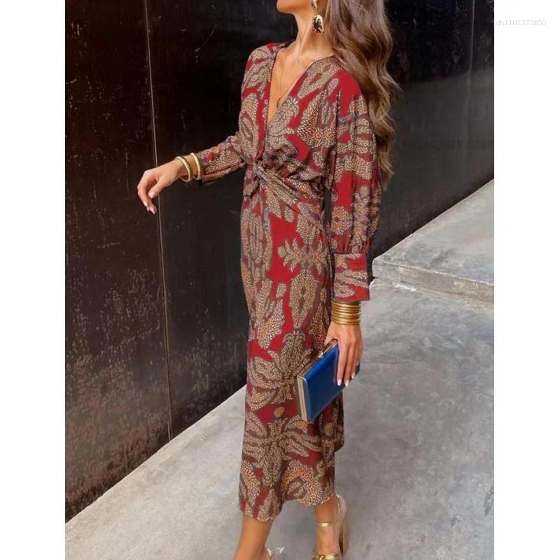 Casual Dresses Women's Floral Print V-Neck Midi Dress - Long Sleeve Shirt Style Everyday Wear With Elegant Fit