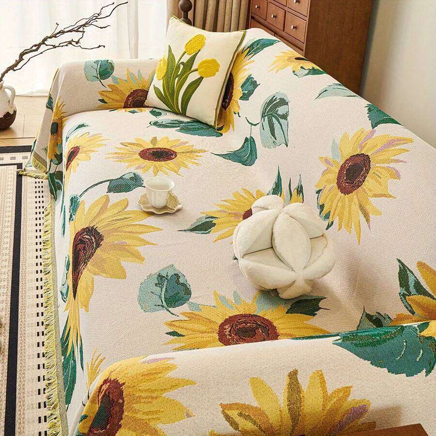 1Pc Sunflower Pattern Towel All-Cover Jacquard Sofa Throw Blanket With Tassels Couch Protector Four Seasons Universal
