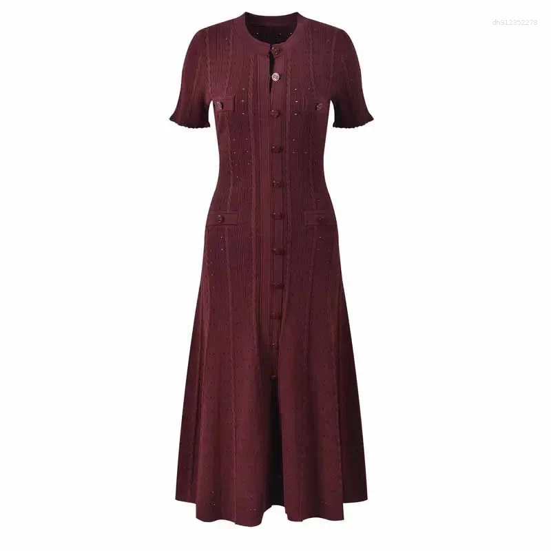 Casual Dresses Summer Solid Round Neck Short Sleeved Office Lady Knitted Dress Women Korean Single Breasted Hollow Out Long Fashion Trend