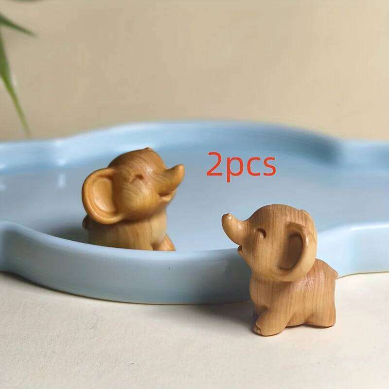 2Pcs Hand Carved Wooden Elephant Figurines Perfect For New Year Holiday Decorations Outdoor Decor Festive Ornaments