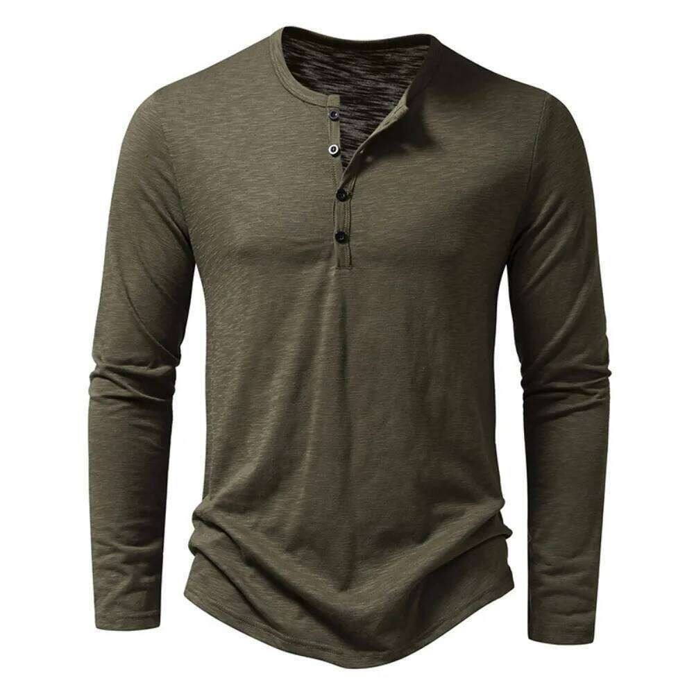Men's Cotton Henley neck Shirt Long Sleeve Casual Button Solid color Fashion T-Shirts