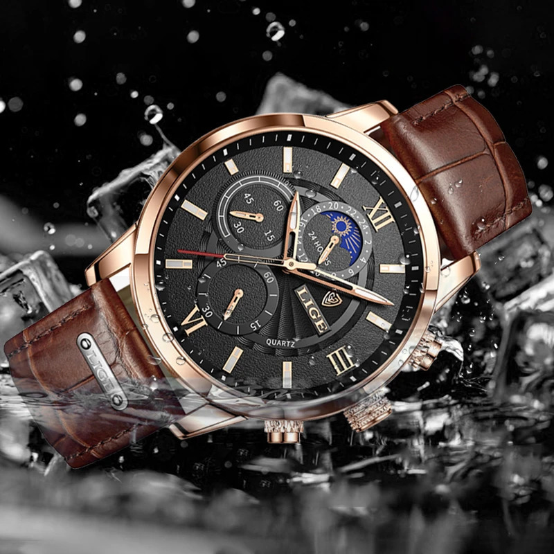 2025 Mens Watches LIGE Top Leather Casual Quartz Watch Mens Sport Waterproof Clock Watch Relogio MasculinoBox 260114