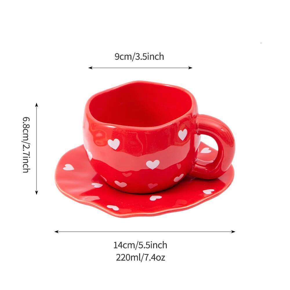 1pc ceramic coffee with dish, cute bow and heart-shaped design, handmade irregular matcha tea cup