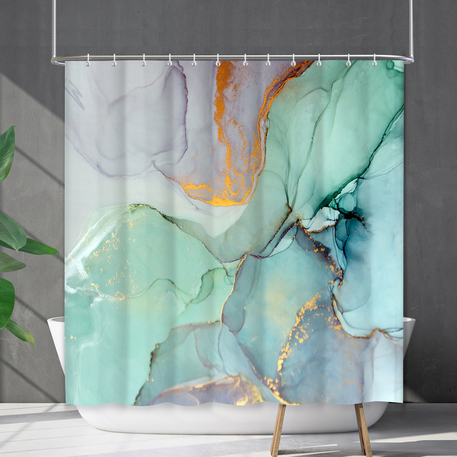 YL-38167 Waterproof Shower Curtain Cover, Abstract Farmhouse Marble Curtain, Shower Cover, No Drill Required