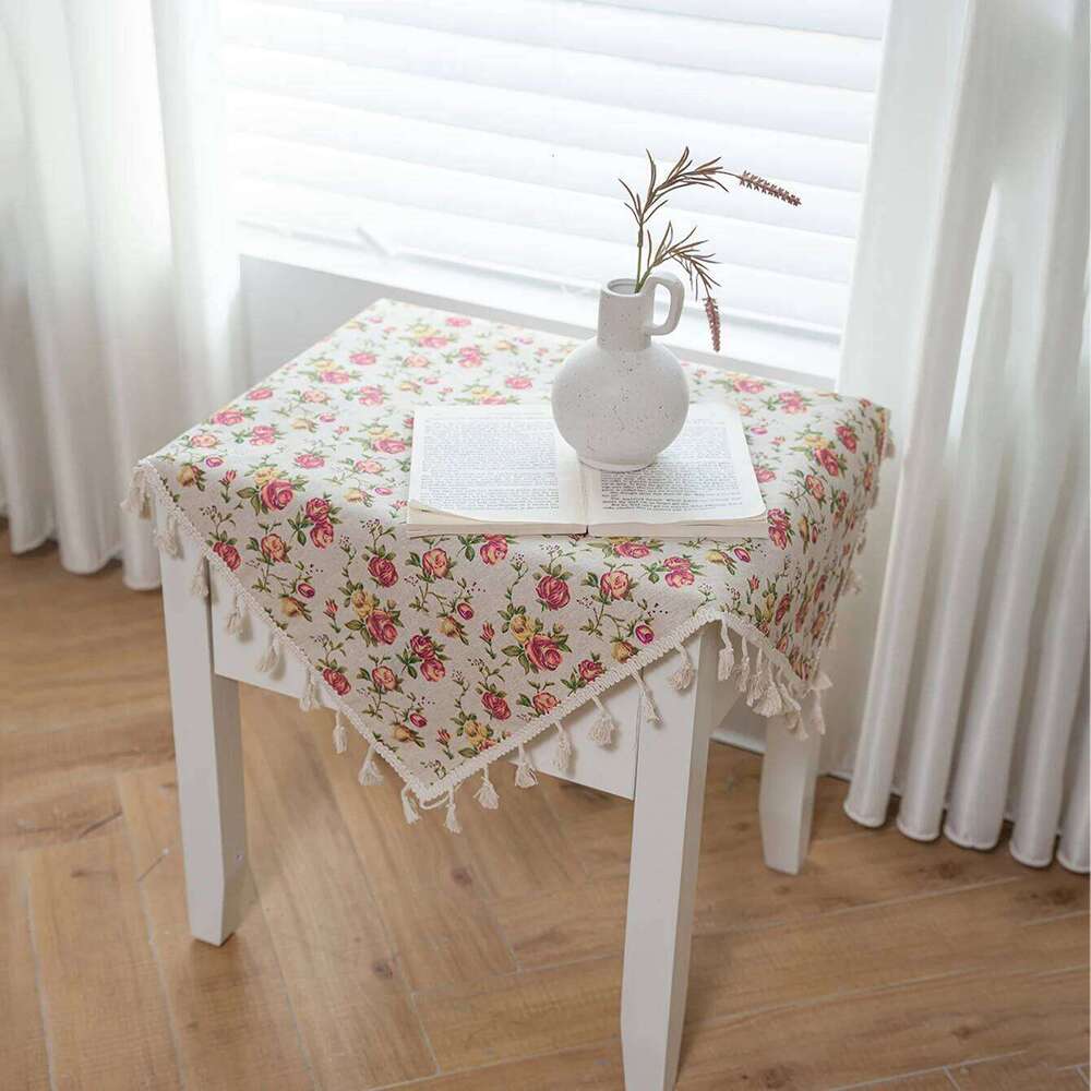 1 Set Of Rose Tablecloths, Bohemian Style Polyester Fiber Square Tassel Decorative Tablecloths