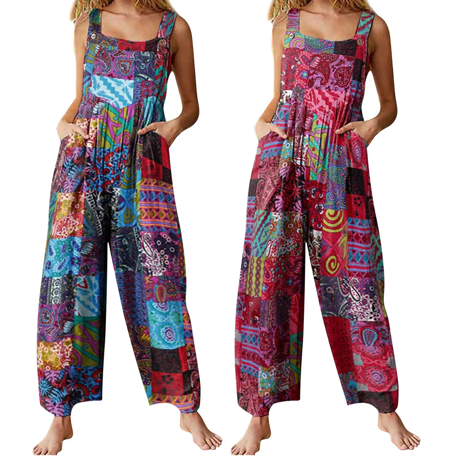Captivating Women Summer Overalls Multicolor Ethnic Style Square Neck Sleeveless Casual Jumpsuit with Pockets for Girls 260114
