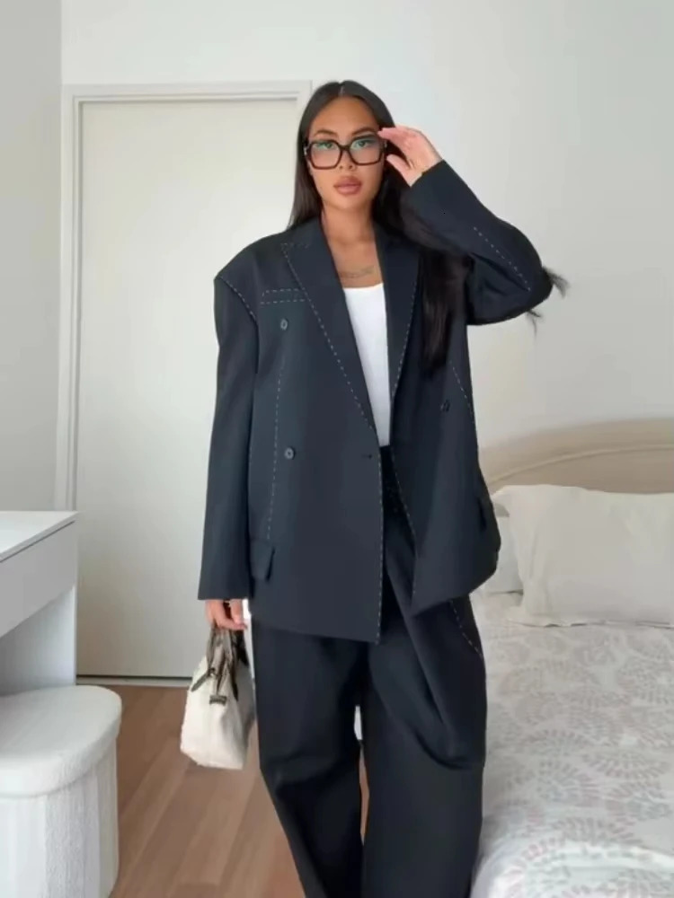 Women Casual Womens Blazer Pant Suits Loose Lapel DoubeBreasted Top Straight Pants Lady Set 2025 Autumn 2 Pieces 260114