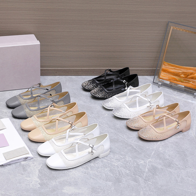 Luxury Mary Jane Ballet Flats With Crystals Designer Mesh Eleri Ballerina Shoes Womens Rhinestone Flat Pumps Breathable Leather Mules Dress Shoes 1036