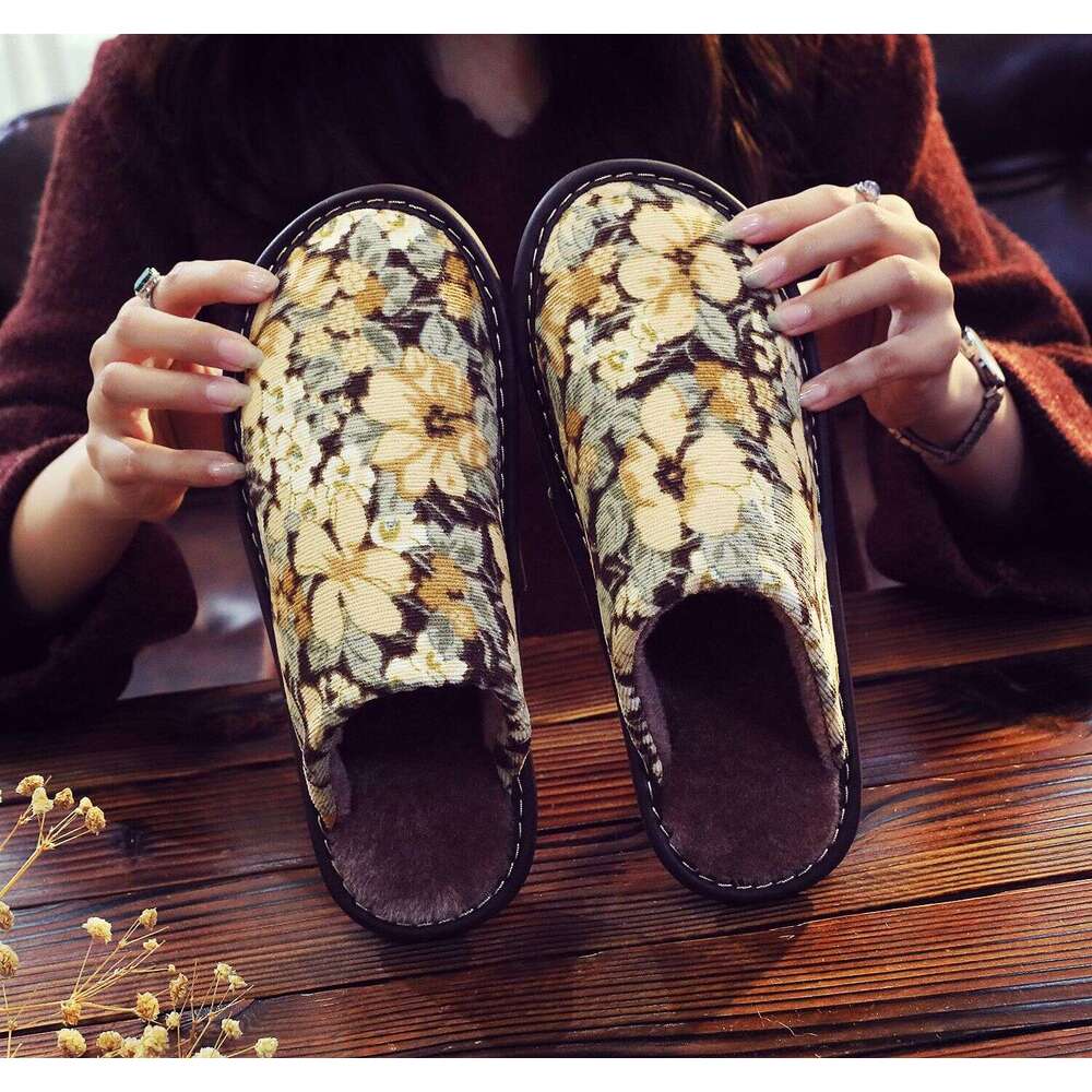 New Cotton Slippers National Style Warm Winter Linen Surface Home Use Couple Non-Smelly Feet Flat Soft Sole Non-Slip Maternity Shoes