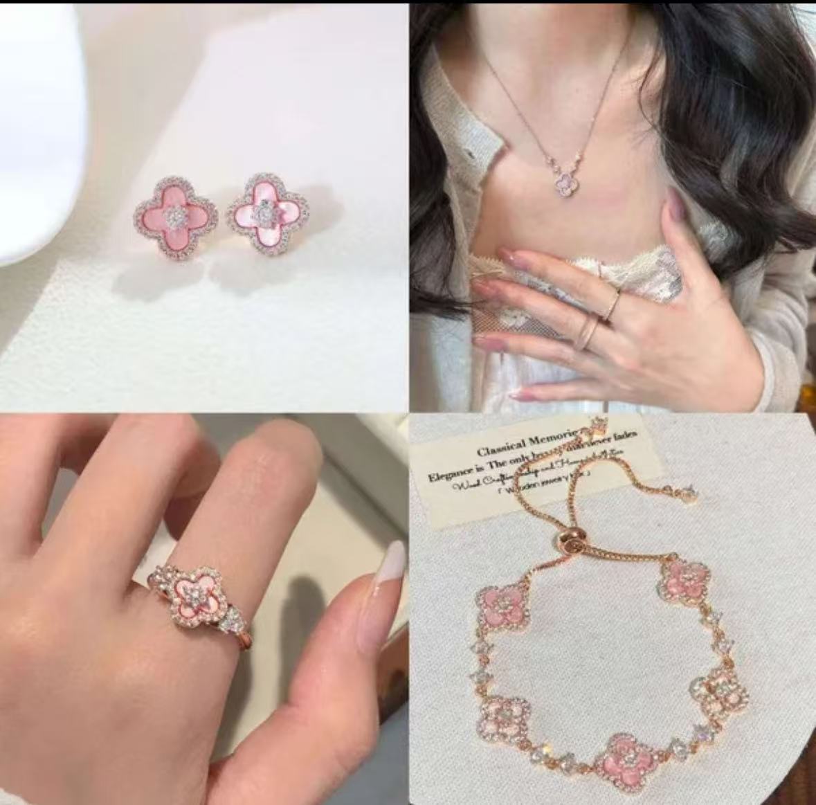 Elegant Pink Floral Design Charm Bangle: Four-Leaved Lucky Charms Accented by Tiny Sparkling Cubic Zirconia Stones for Women's Jewelry Collection