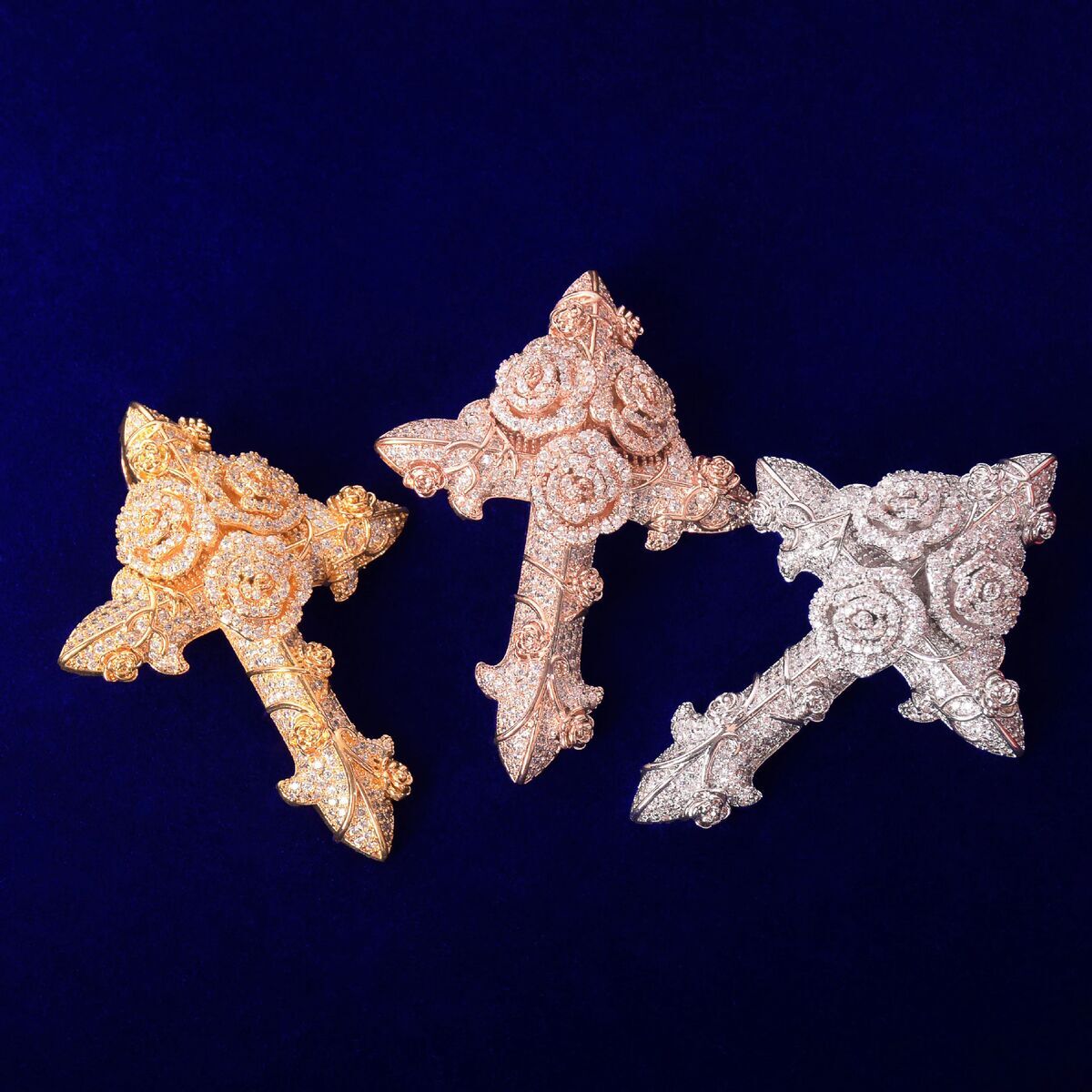 Fashion Man Jewelry Gold Color Hip Hop Dia Rose Flower Cross Pendant Necklace Set ddmysept