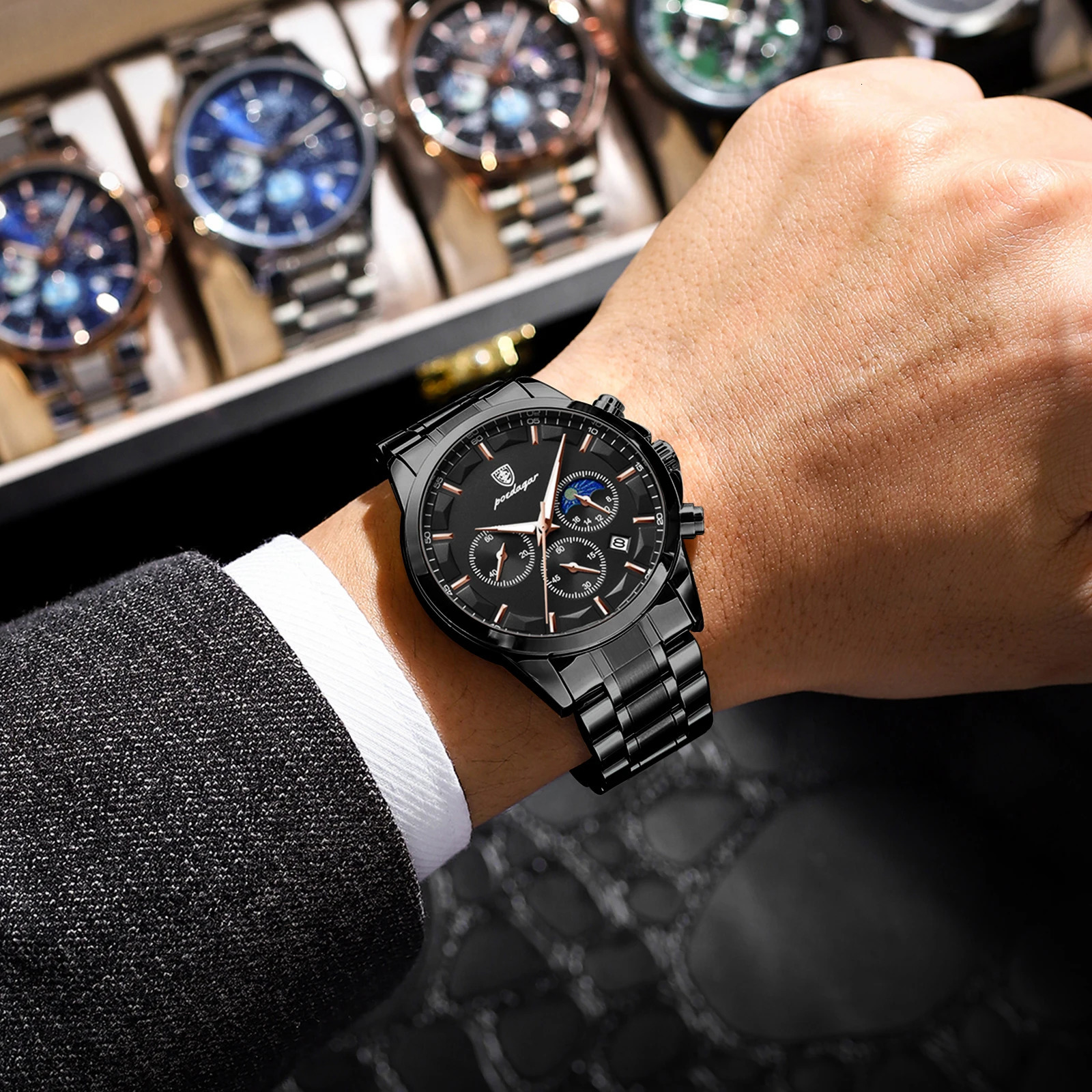 POEDAGAR Top Fashion Mens Watches Waterproof Luminous Stainless Steel Men Wristwatch Chronograph Date Quartz Business Man Watch 260114