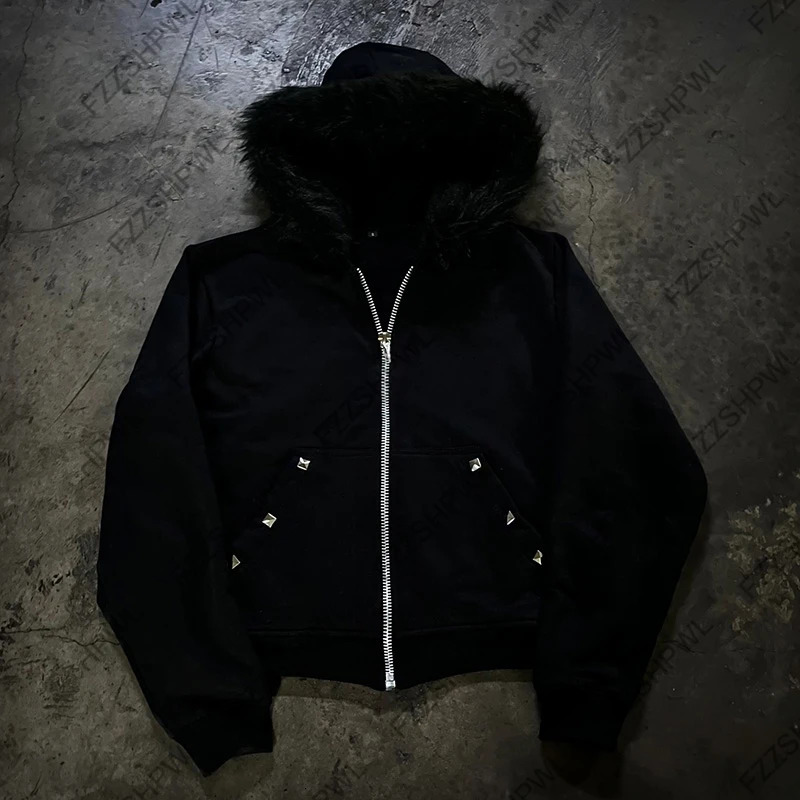 Rivet n Rock Gothic Dark Faux Fur Collar Y2K Zip up hoodie Streetwear Chic Zipper Hoodie sweatshirt Punk Hip Hop Pullover 251231