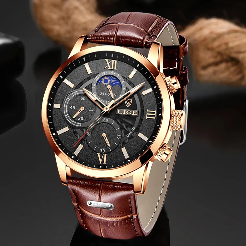 2025 Mens Watches LIGE Top Leather Casual Quartz Watch Mens Sport Waterproof Clock Watch Relogio MasculinoBox 260114