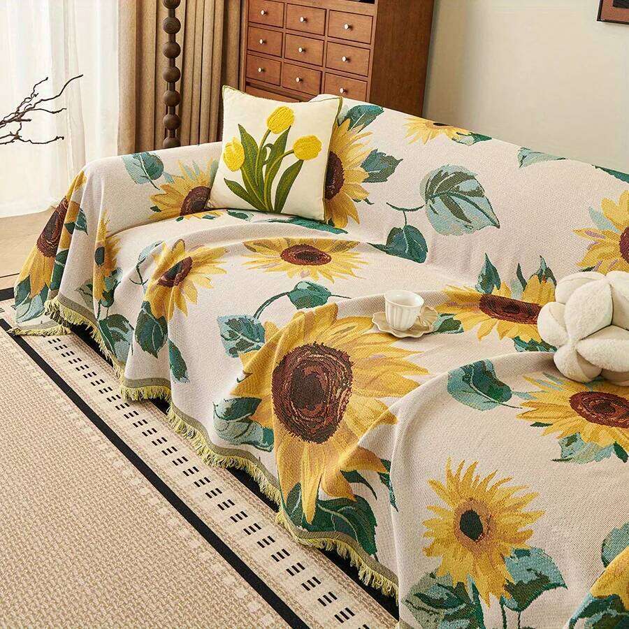 1Pc Sunflower Pattern Towel All-Cover Jacquard Sofa Throw Blanket With Tassels Couch Protector Four Seasons Universal