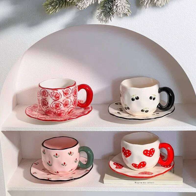 Ceramic Coffee Mug Set Hand-Painted Red Heart Design Irregular Shape with Saucer Drinking Utensils for Office Desk Kitchen Use Outdoor Leisure Thermos