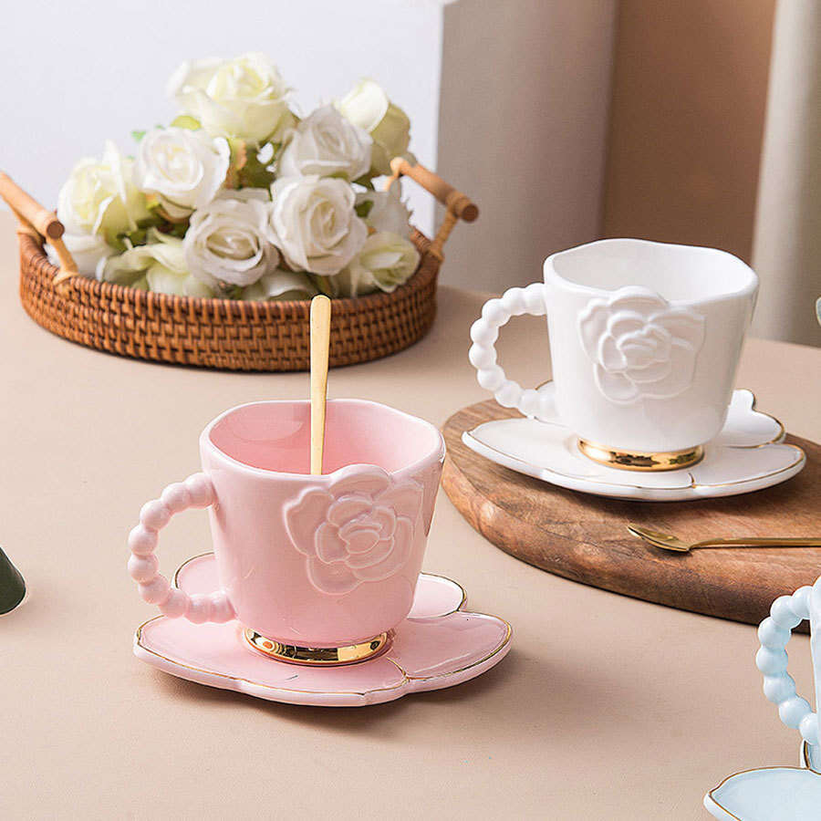 Ceramic Coffee Mug Drinking Vessel, Handmade Creative Floral Camellia Artisan Tea Cup with Saucer in Blue Pink White, Decorative Afternoon Tea Set Gif
