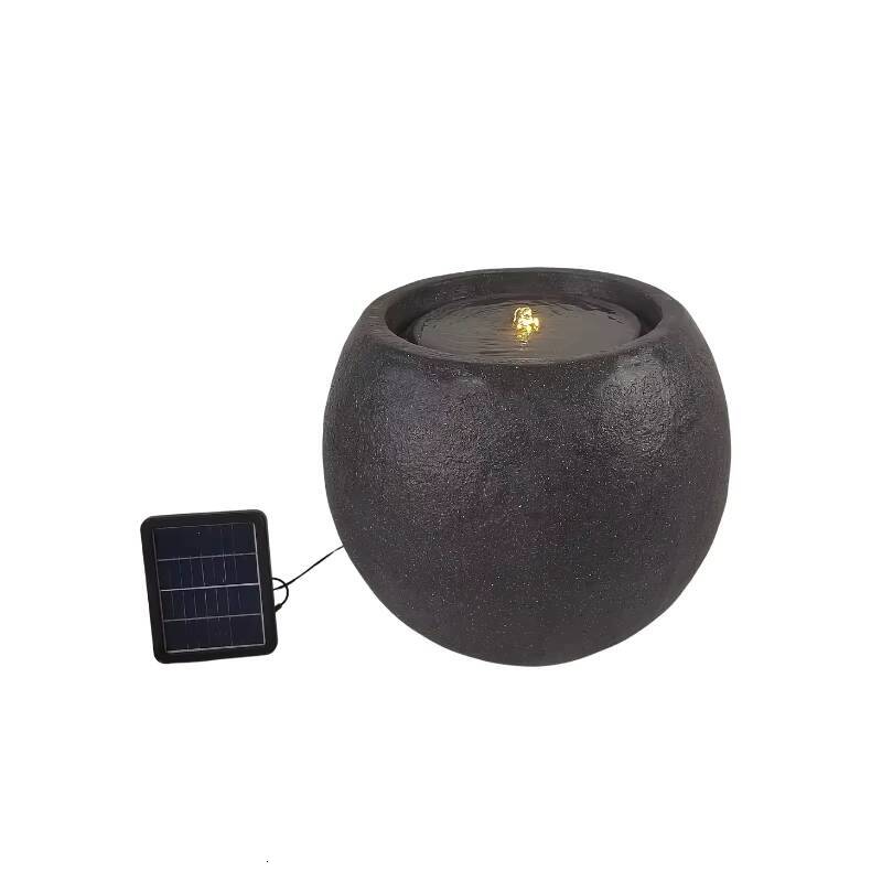 Ball Shape Design Black Solar Fountain With Light Emitting Diode Lamp For Outdoor Fiber Stone Garden Decoration