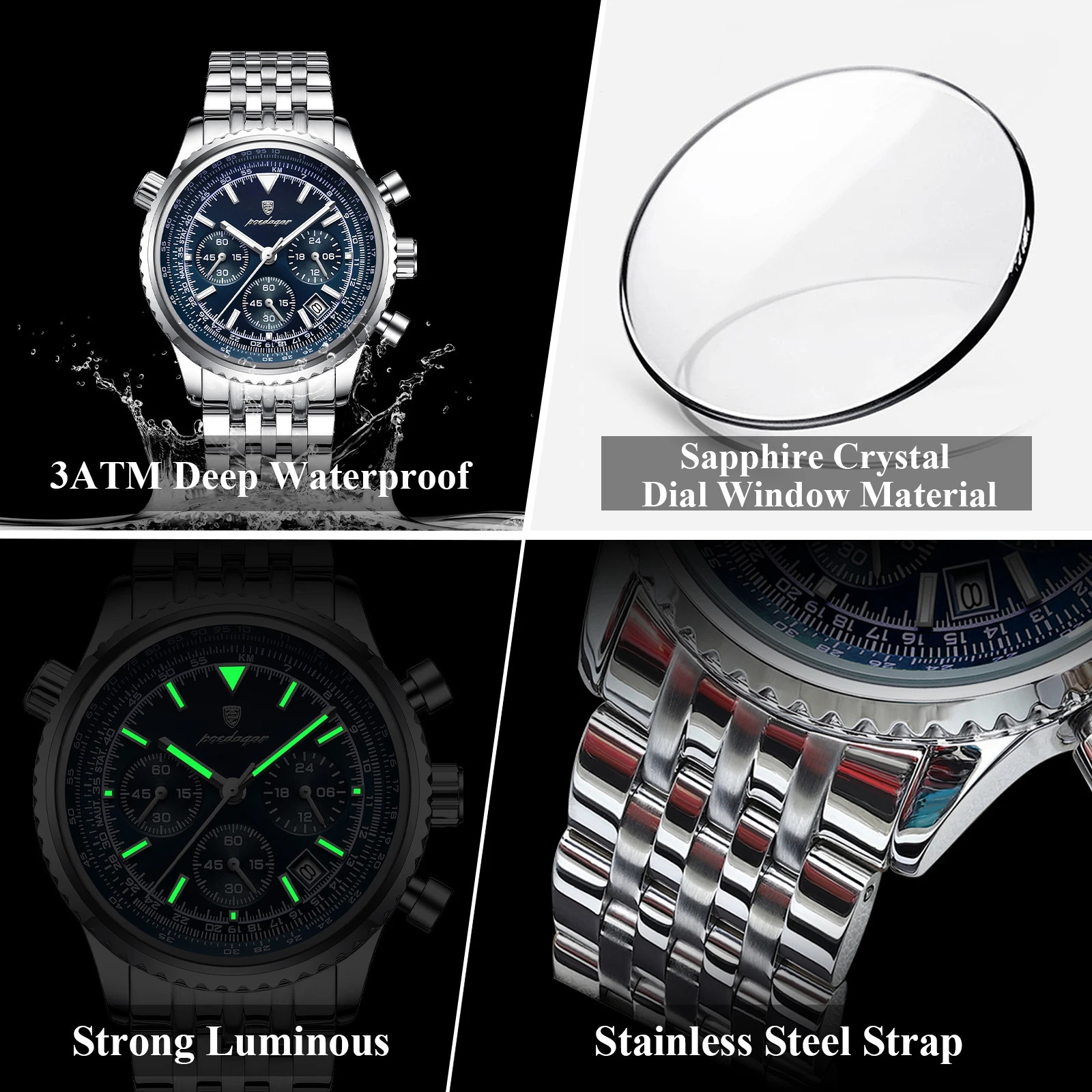 POEDAGAR Sport Man Watch Chronograph Date Waterproof Luminous Mens Quartz Watches Stainless Steel Fashion Men Wristwatch 260114