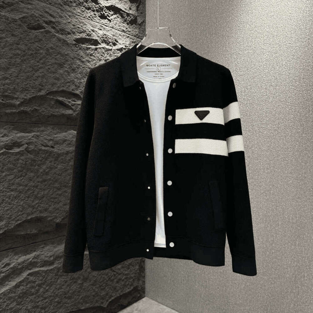 Autumn New Men's Fashion High Elastic Knitted Jacket Turn-Down Collar Simple Sweater Trendy Black And White Striped Top