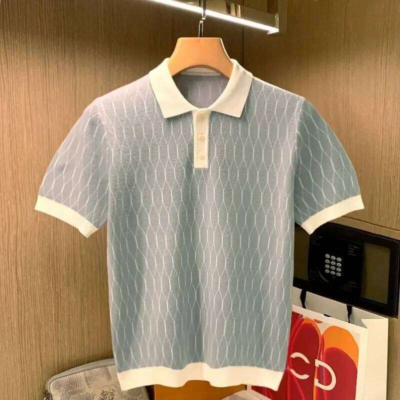 Summer Men Knitted Polo Shirts Short Sleeve Plaid T-Shirts Tops High Standard LEEGO LENS