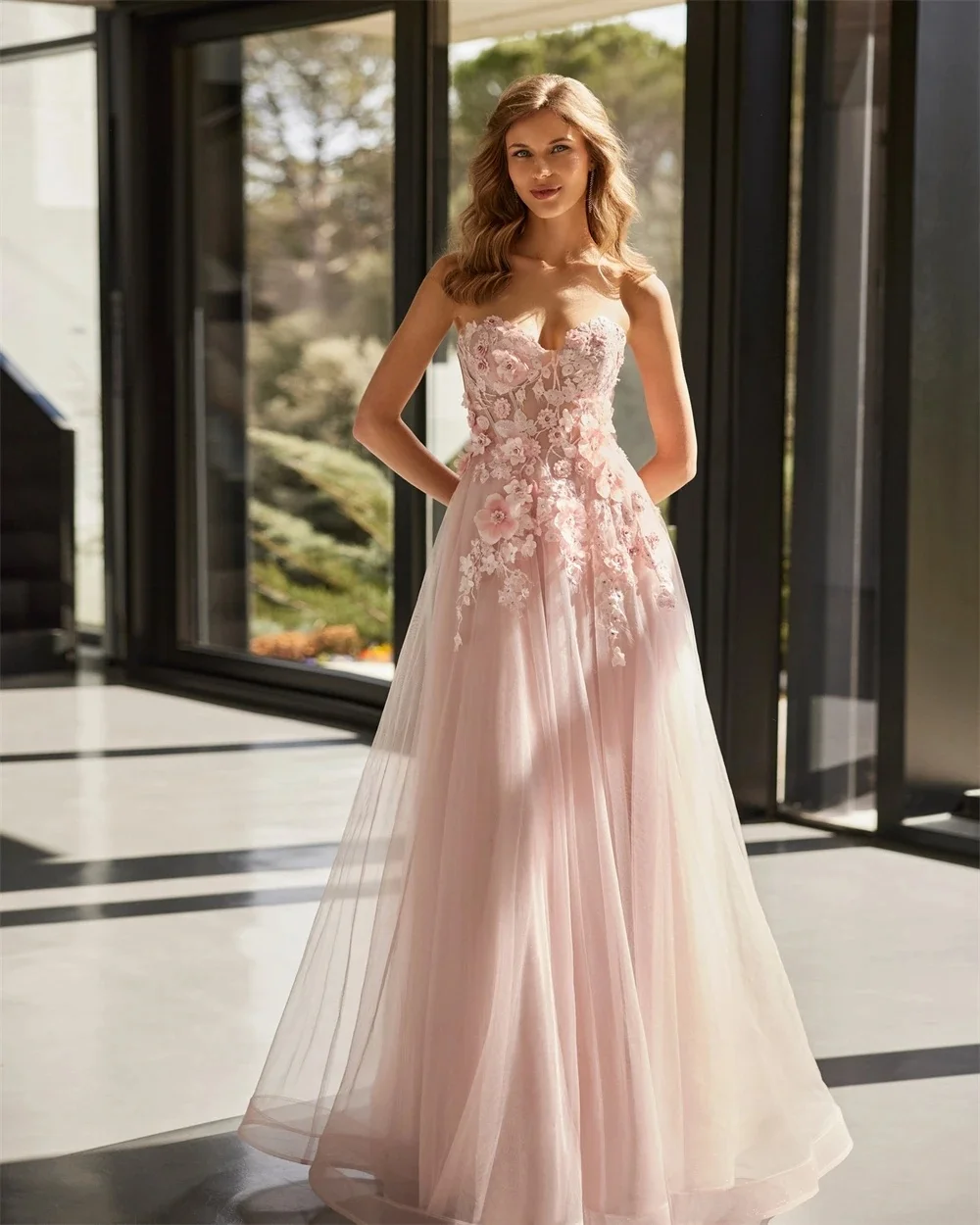 New Modern Pink Prom Party Dress 2026 Detachable Long Sleeves Sweetheart 3D Flowers Lace Appliques Tulle Evening Formal Birthday Gowns Robe De Soiree 