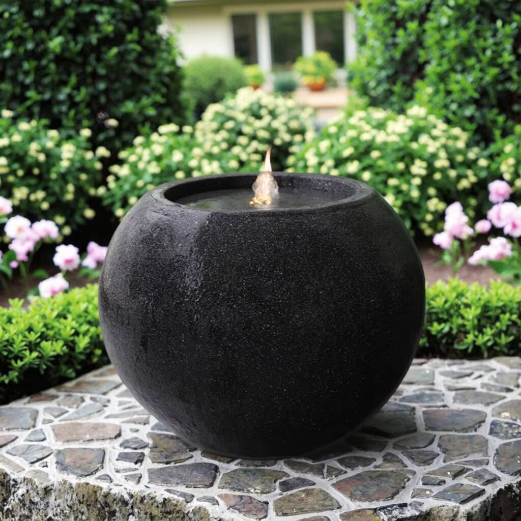 Concise Design Spherical Black Solar Fountain Fiber Stone with LED Lights for Outdoor Garden Decoration