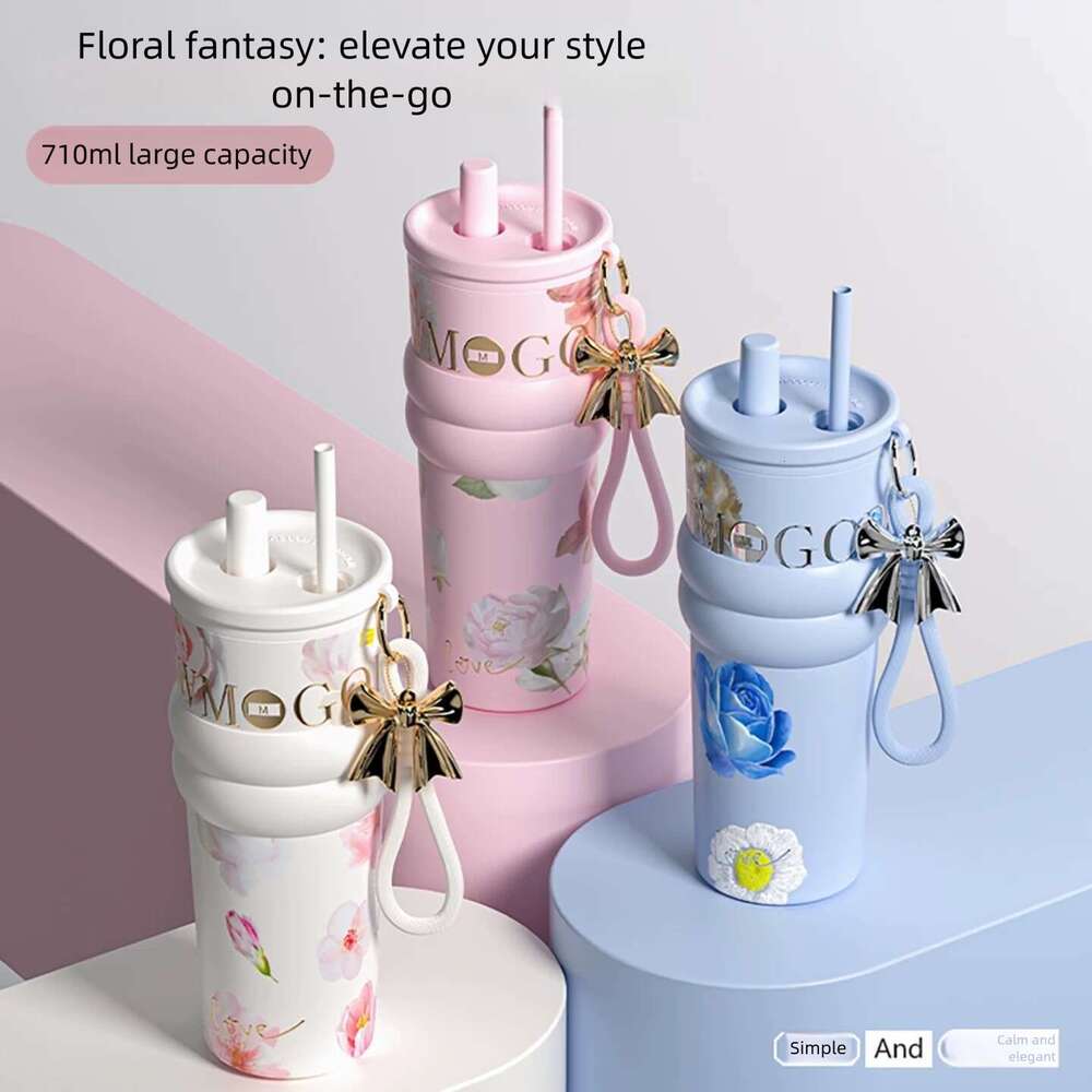 Floral Print Stylish Straw Insulated Water Bottle Large Capacity Portable For Women On The Go Car Friendly Ceramic Liner