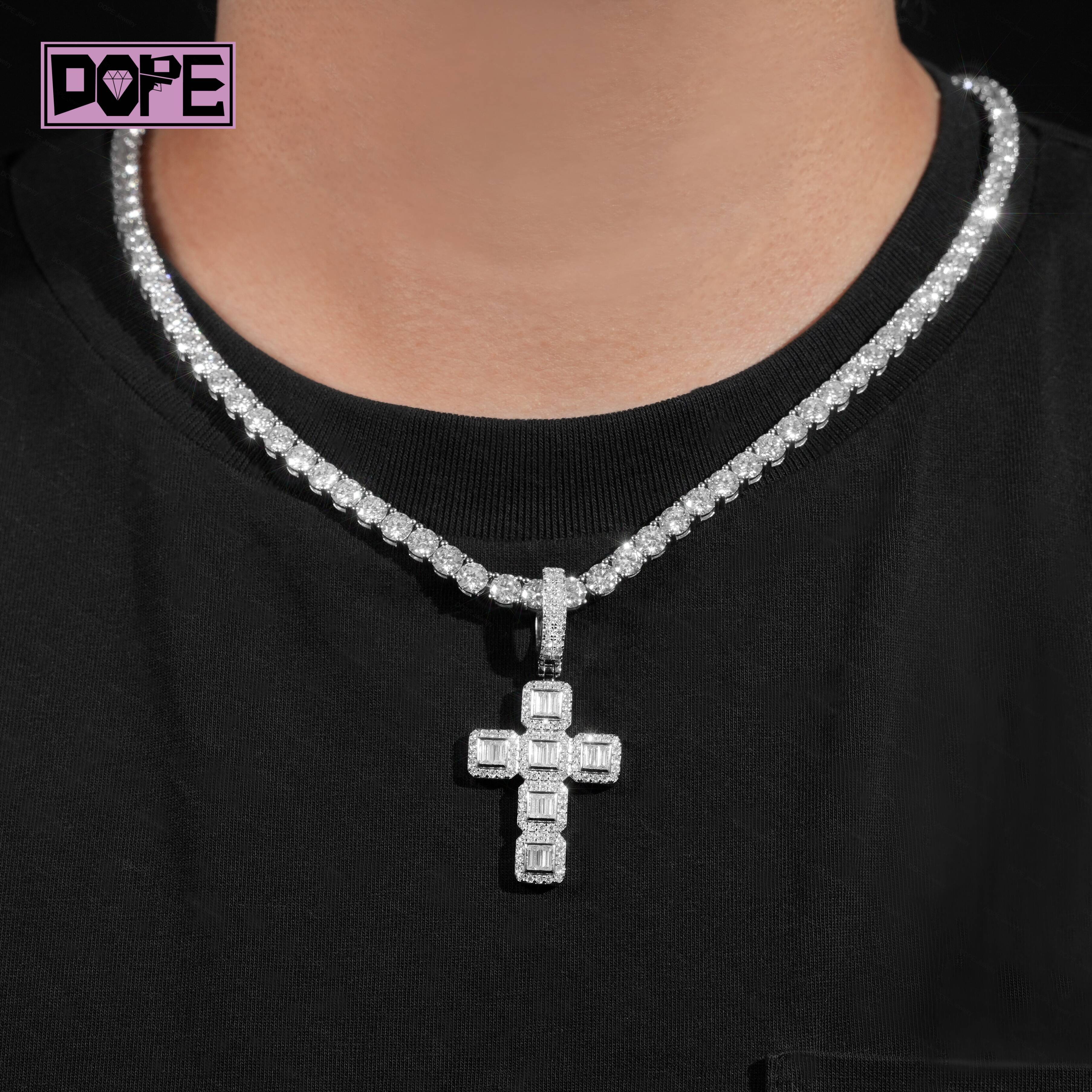 Wholesale Moissanite Pendant 925 Silver Hip Hop VVS Cluster Inner Baguette Cross Charm Moissanite Cross Pendant