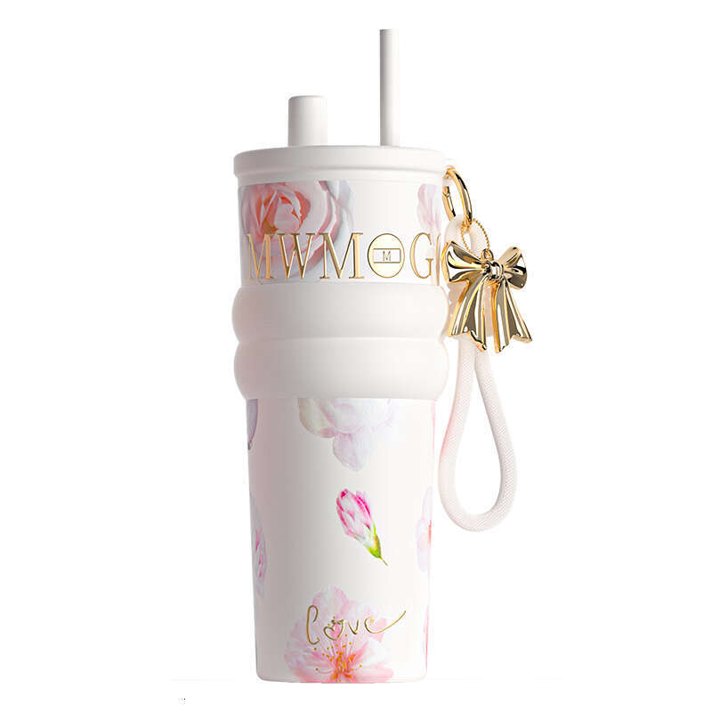 Floral Print Stylish Straw Insulated Water Bottle Large Capacity Portable For Women On The Go Car Friendly Ceramic Liner