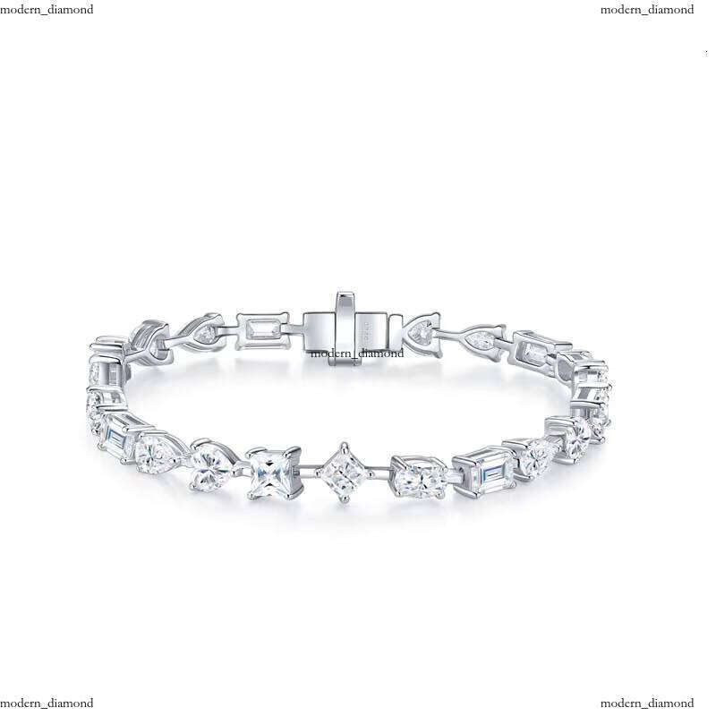 Shiny VVS Moissanite Mixed Cut Tennis Bracelet with Round Princess Baguette Gemstones 925 Silver 18k White Gold Plated Hip Hop Jewelry