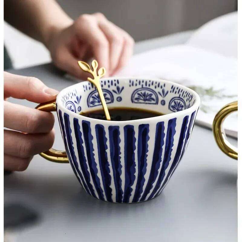 Hand Painted Geometric Ceramic Mugs With Gold Handle Handmade Irregular Cups For Coffee Tea Milk Oatmeal Creative Birthday Gifts