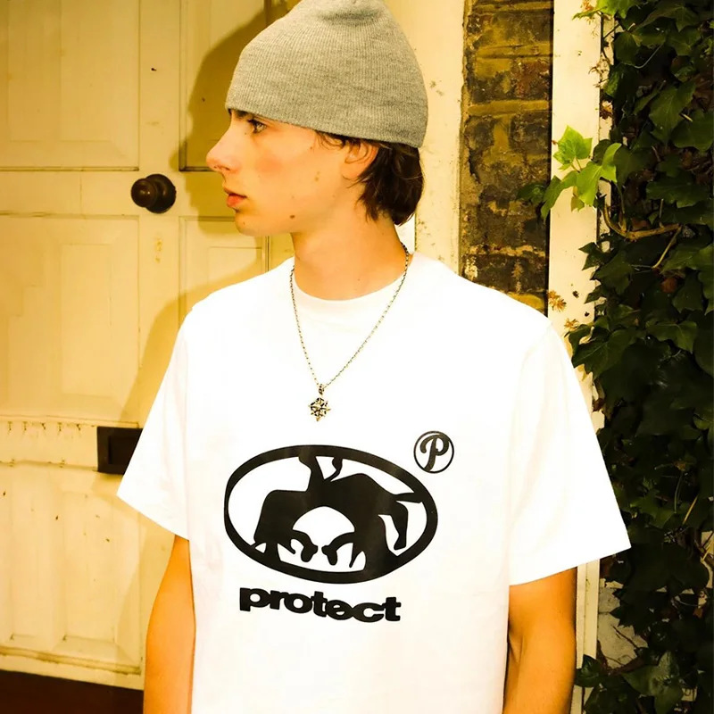 Men's T Shirts Y2K Protect T-shirt Vintage Kpop Street Fashion Print Unisex Short Sleeve Tops Casual Loose Drawstring Hip-hop Youth Retro Style W