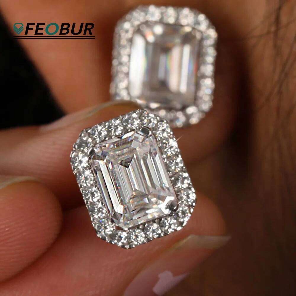 Valentine's Day FEOBUR 0.5/1/2ct Emerald Cut Halo Moissanite Stud Earrings 925 Diamond Rectangular Earring Women Bri 26H0115