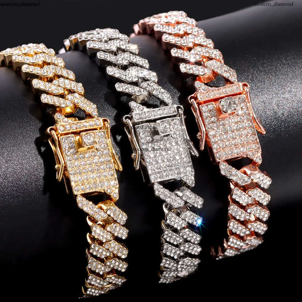 Chains 12MM Rose Gold Color Miami Cuban Link Chain Necklace Bracelet Iced Out Bling Rhinestone Choker Women Men Hip Hop Jewelry cf